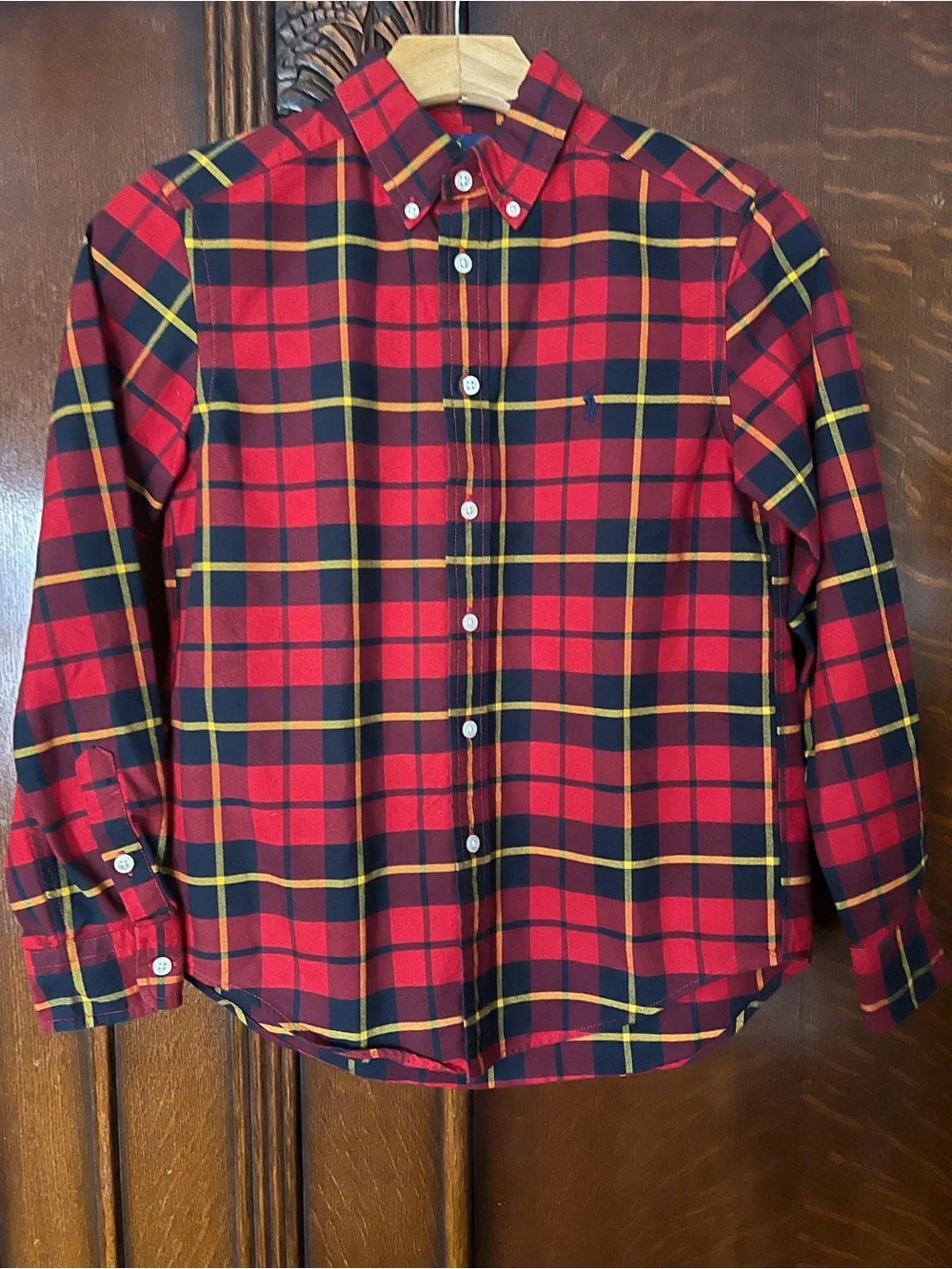Ralph Lauren Red Plaid Button-Down Shirt with Yellow Accent